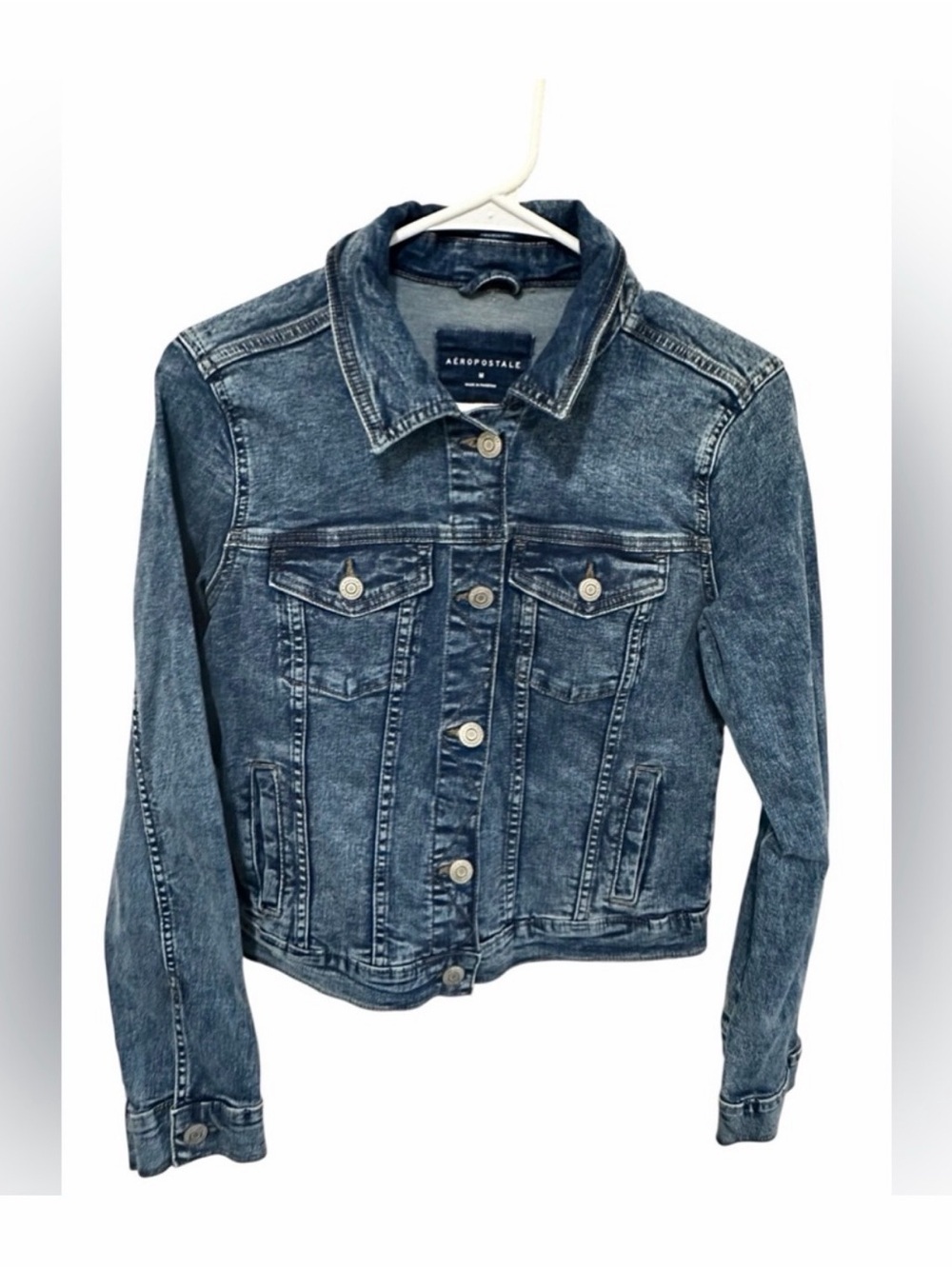 Aeropostale Women's Distressed Medium Blue Denim Jacket